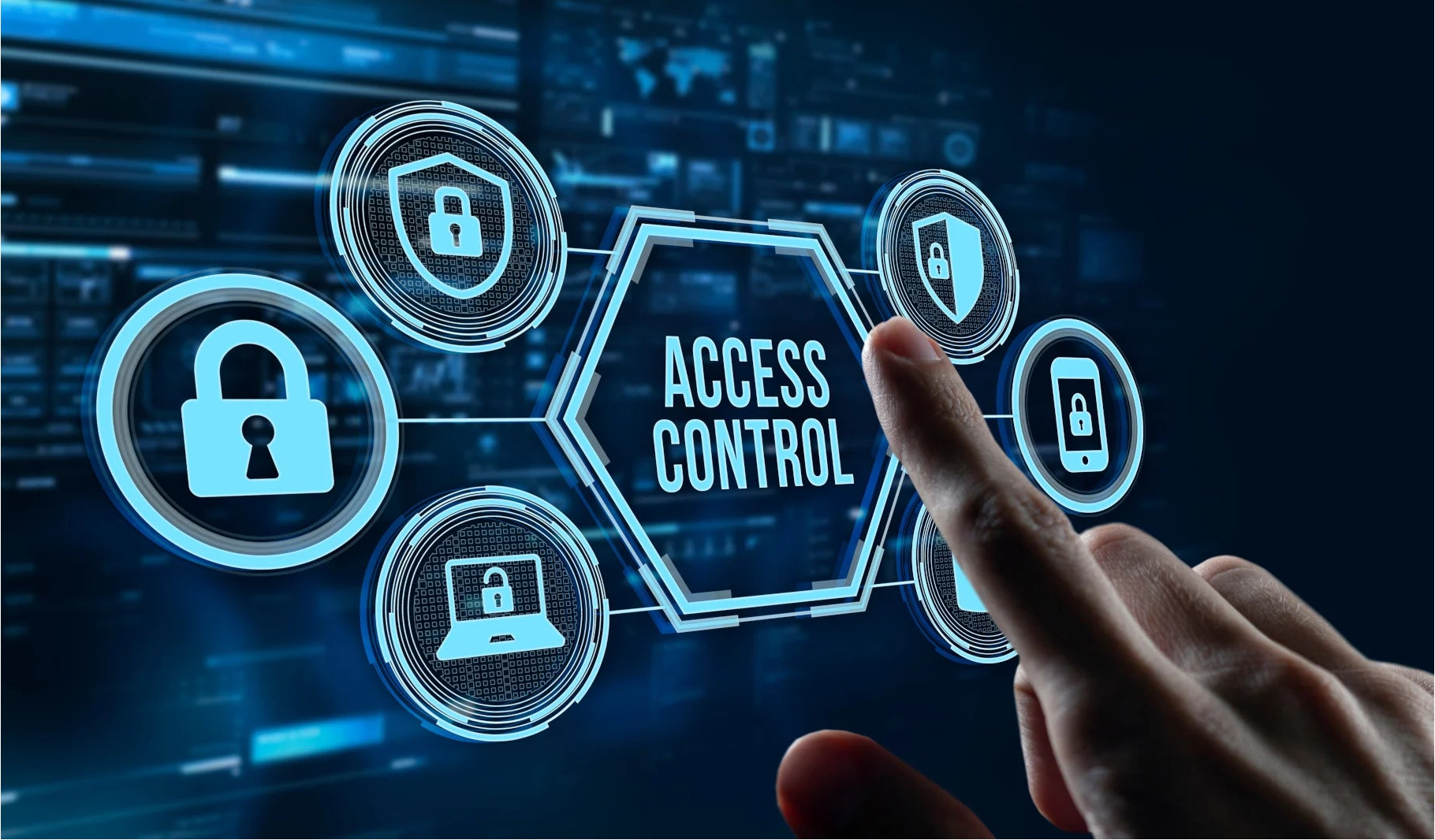 Hand interacting with digital 'Access Control' interface on a futuristic background