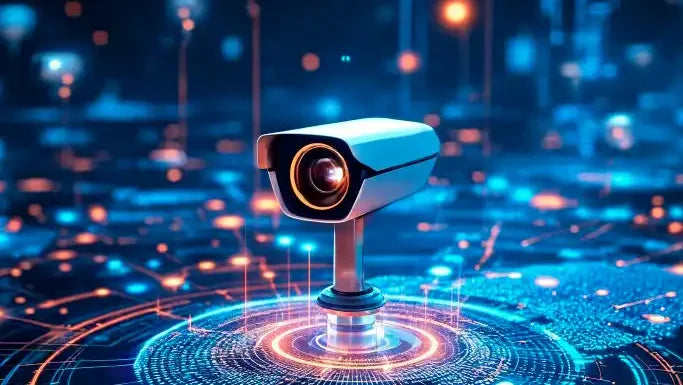 Futuristic security camera with a glowing blue and orange background