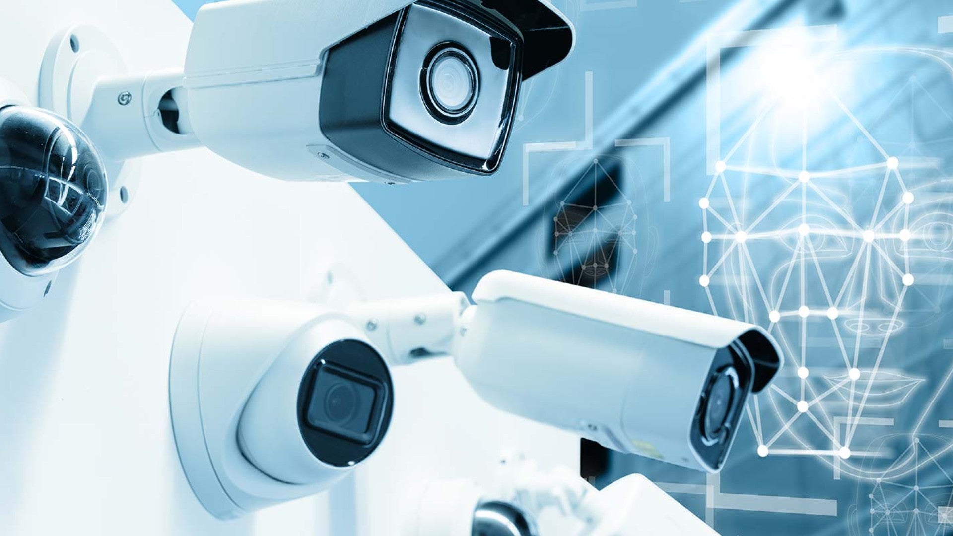 Robotic arms with cameras on a blurred background of a brain and network diagram