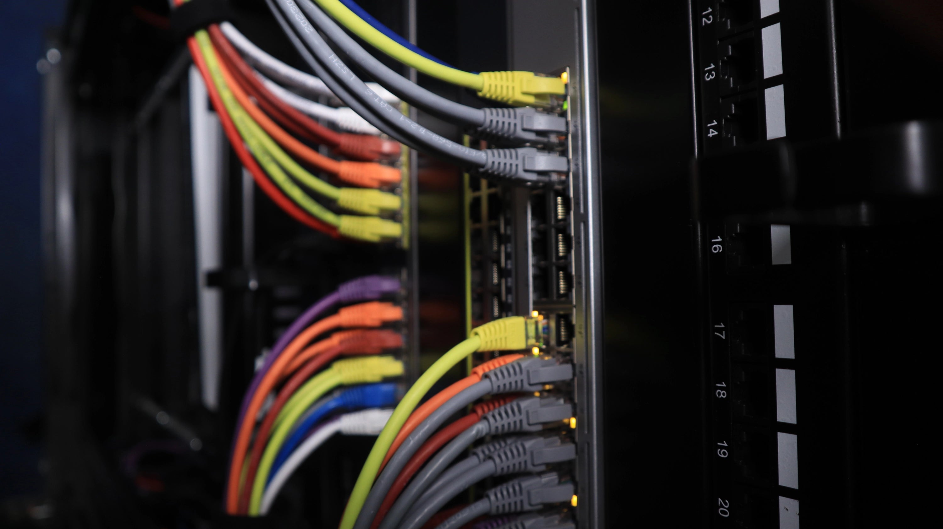 Close-up of network cables connected to a switch panel.