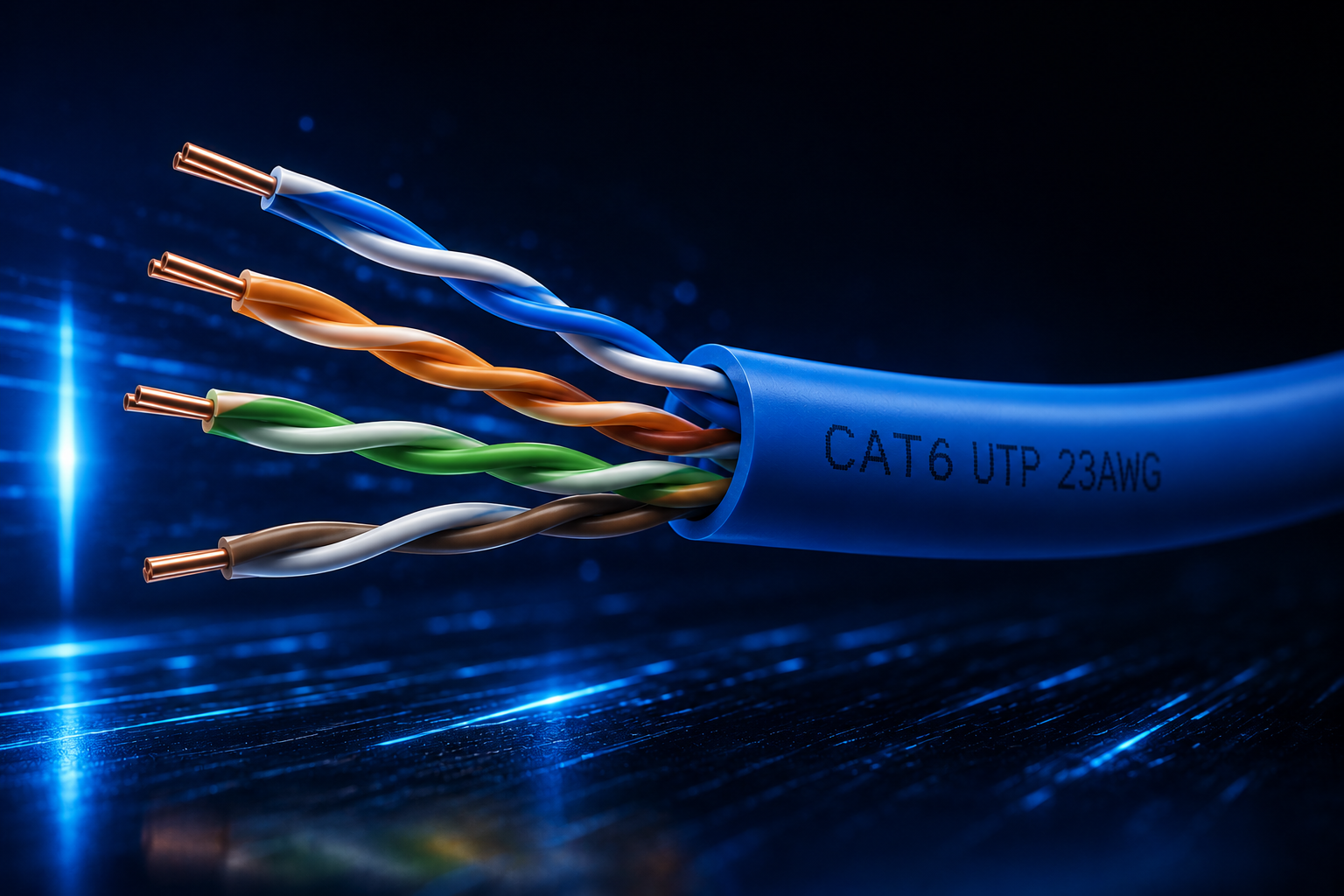Cat6 UTP cable with multicolored wires on a dark background