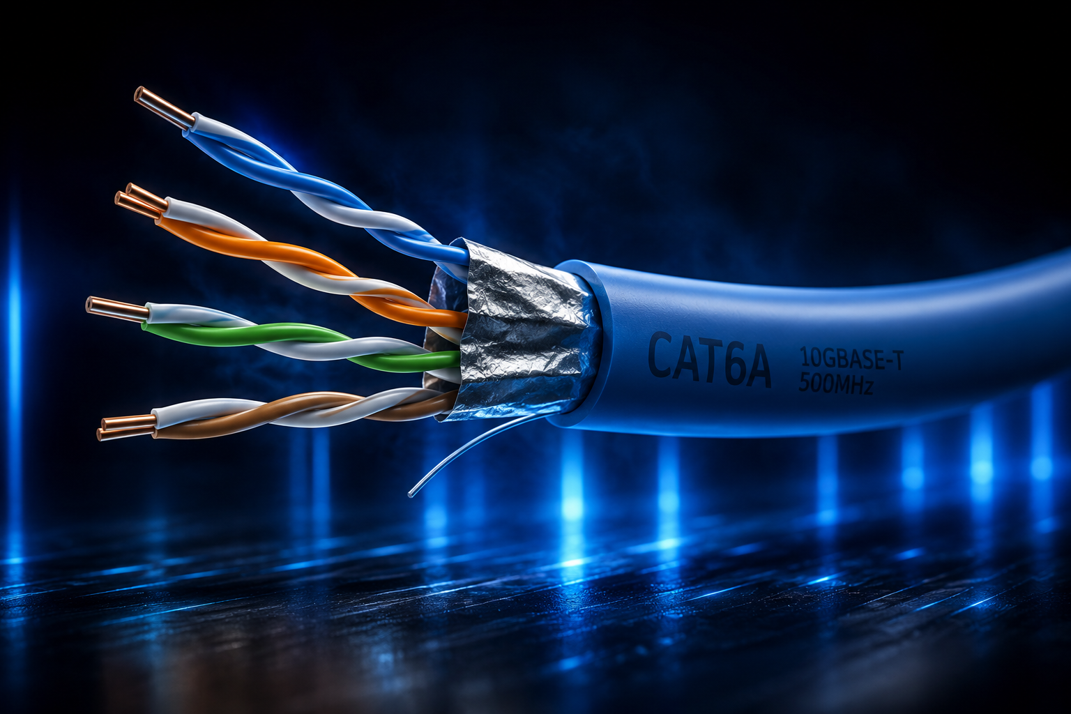 Blue Ethernet cable with visible copper wires on a dark background