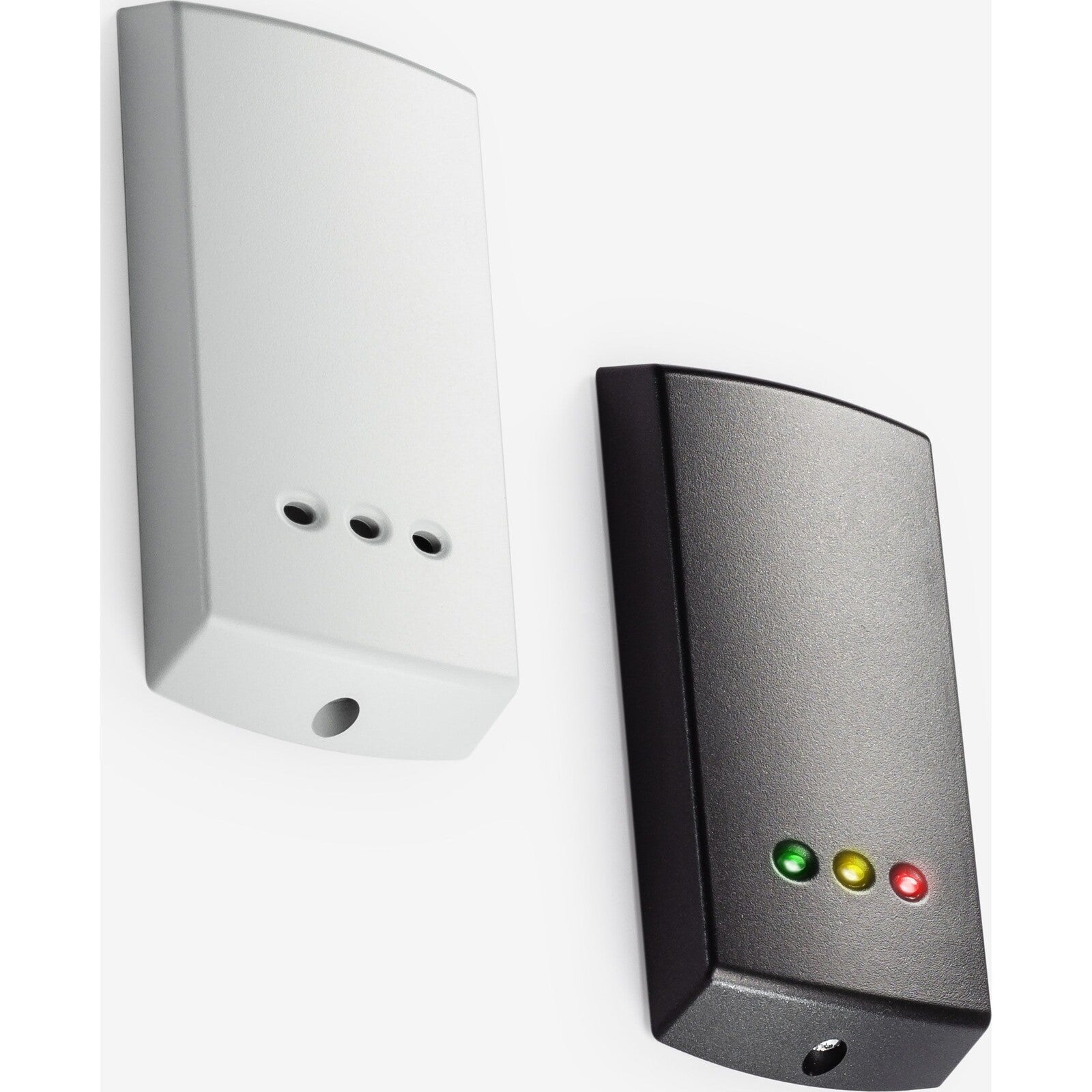 Two electronic devices, one white and one black with LED indicators, on a white background.