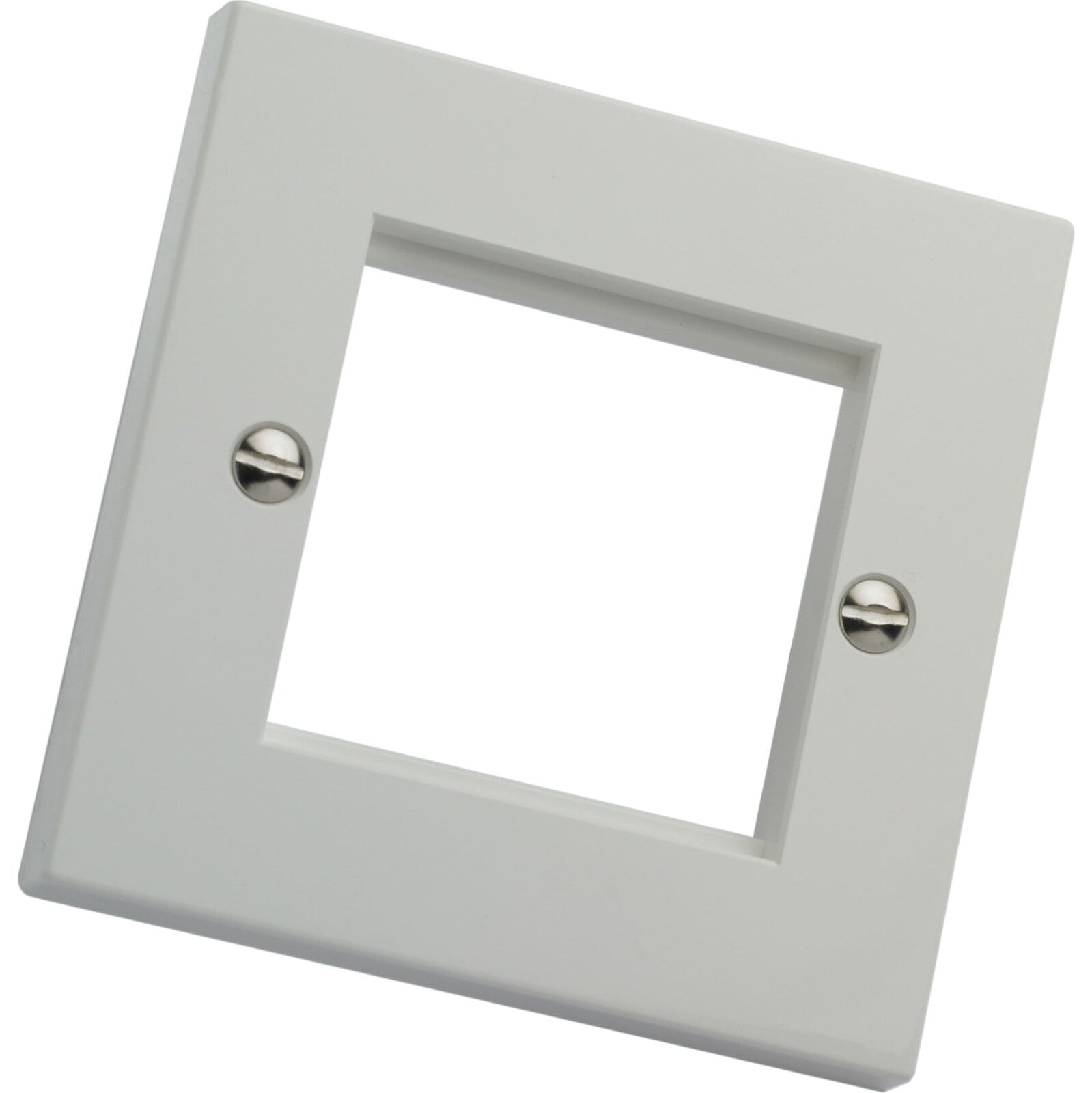 Square white frame with metallic screws on a white background