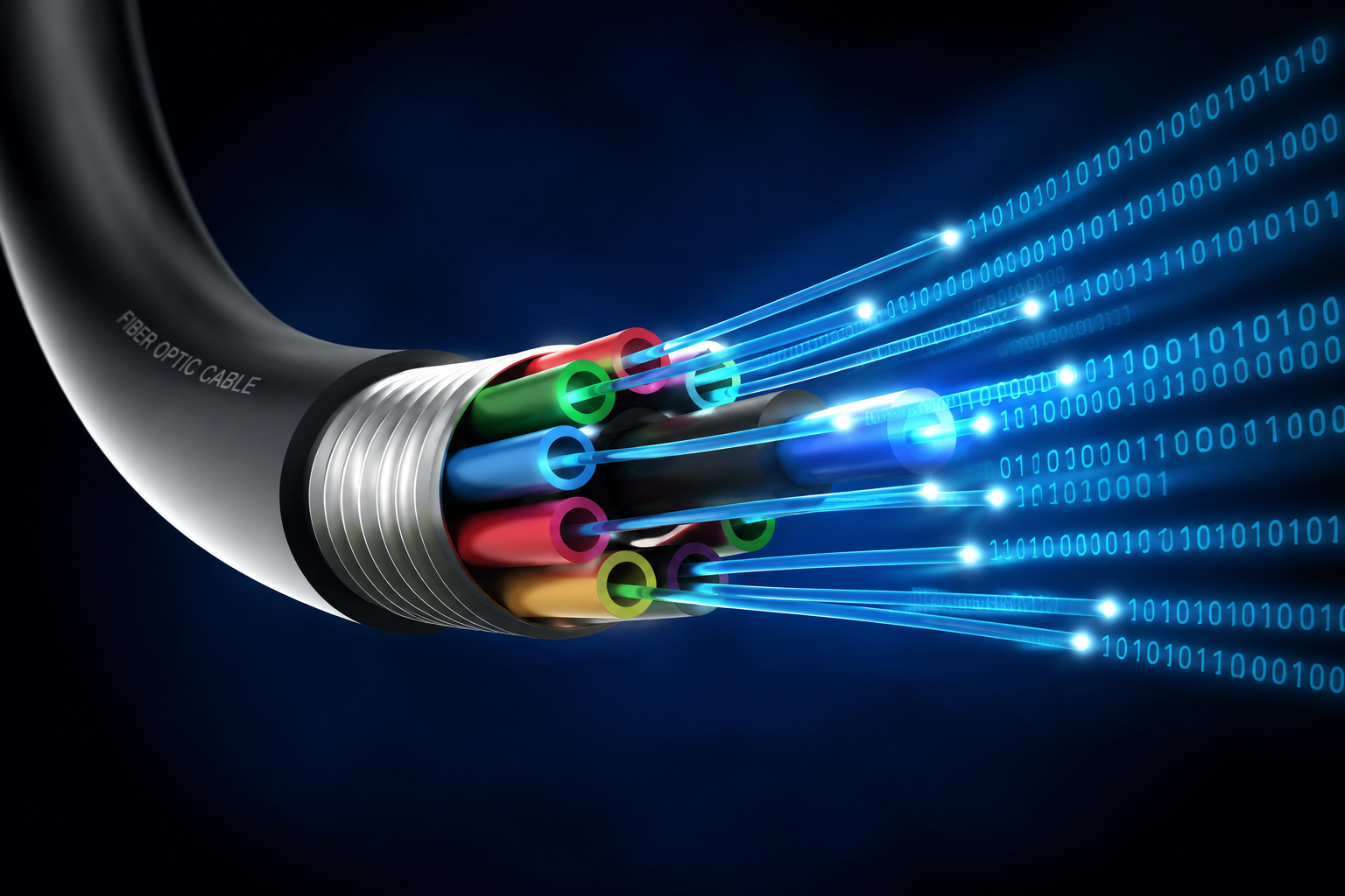 Fiber optic cable with colorful strands and binary code on a dark background
