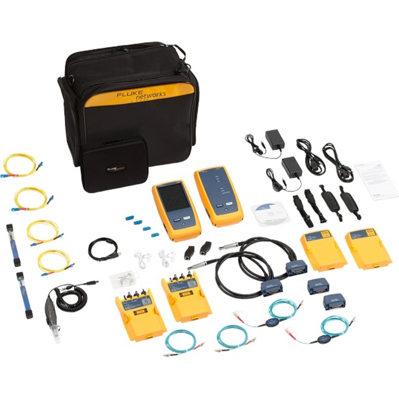 Fluke Networks cable testing kit with various tools and equipment on a white background