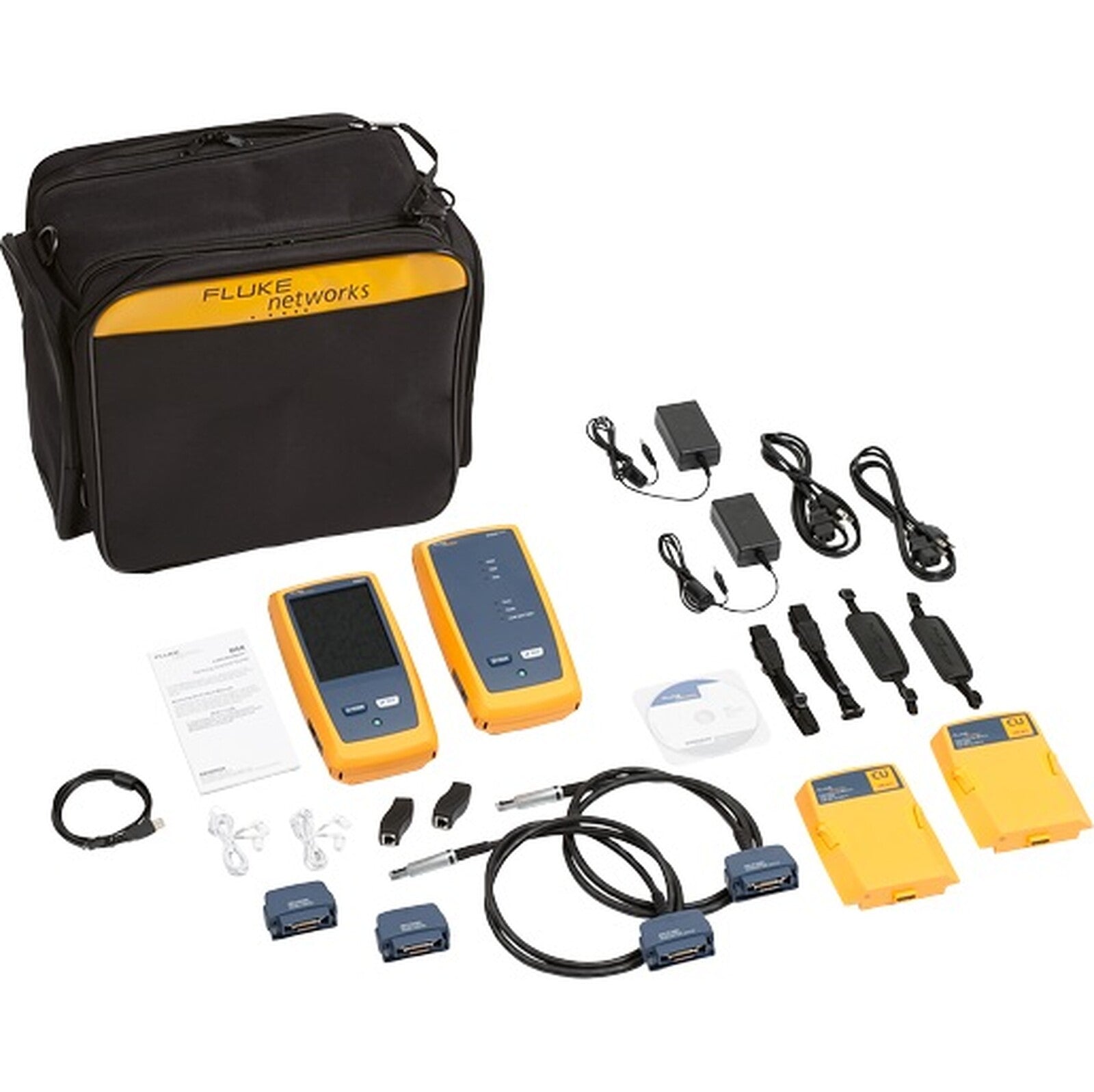 Fluke Networks network testing kit with two devices, cables, and accessories on a white background.