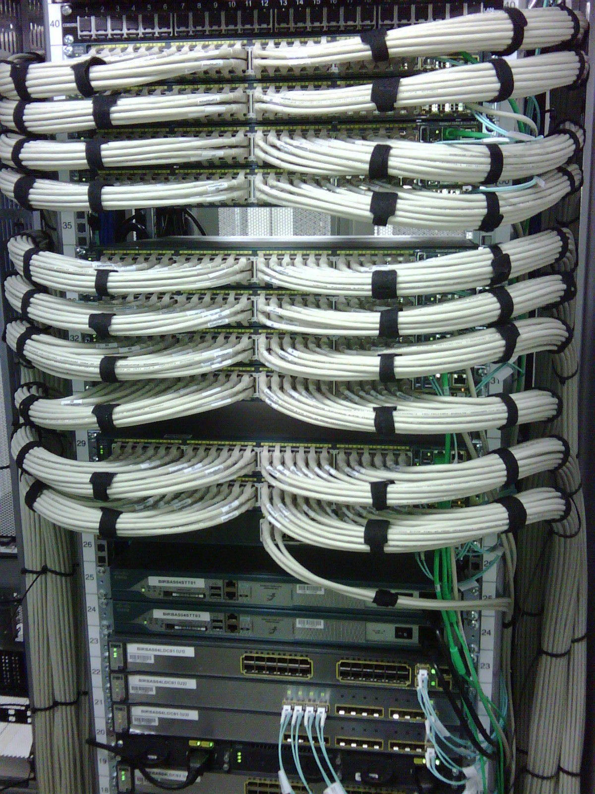 Network server rack with numerous cables and switches