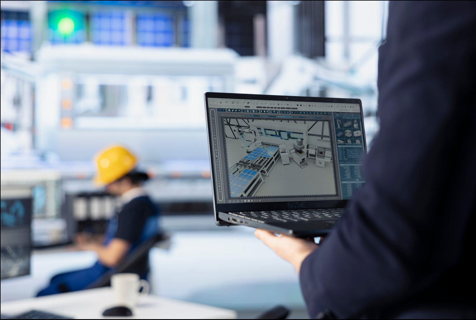 man carrying laptop in a construction environment