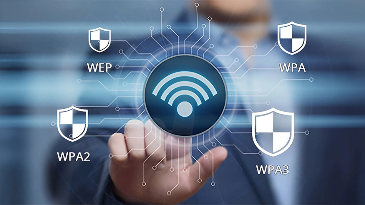 Hand interacting with a digital interface displaying Wi-Fi security protocols like WEP, WPA, WPA2, and WPA3.