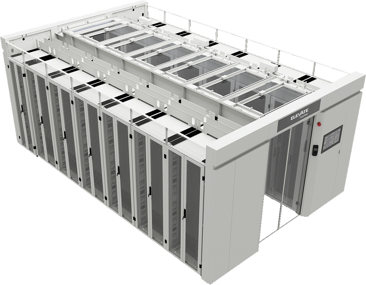 Server rack with multiple server units on a white background